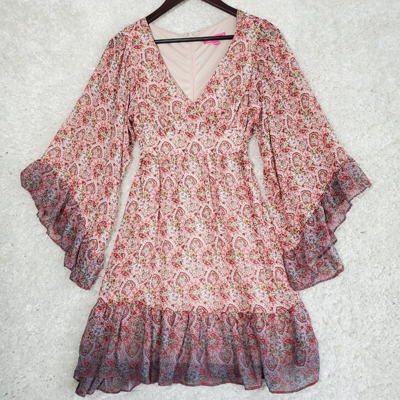 Betsey Johnson Dresses & Skirts - Betsey Johnson  Dress Womens 6 Paisley Ruffle Flared Sleeves V-Neck Boho Hippie